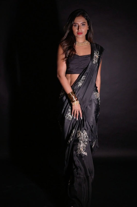 Pranwesha In Our Embroidered Black Silk Saree - Auruhfy India