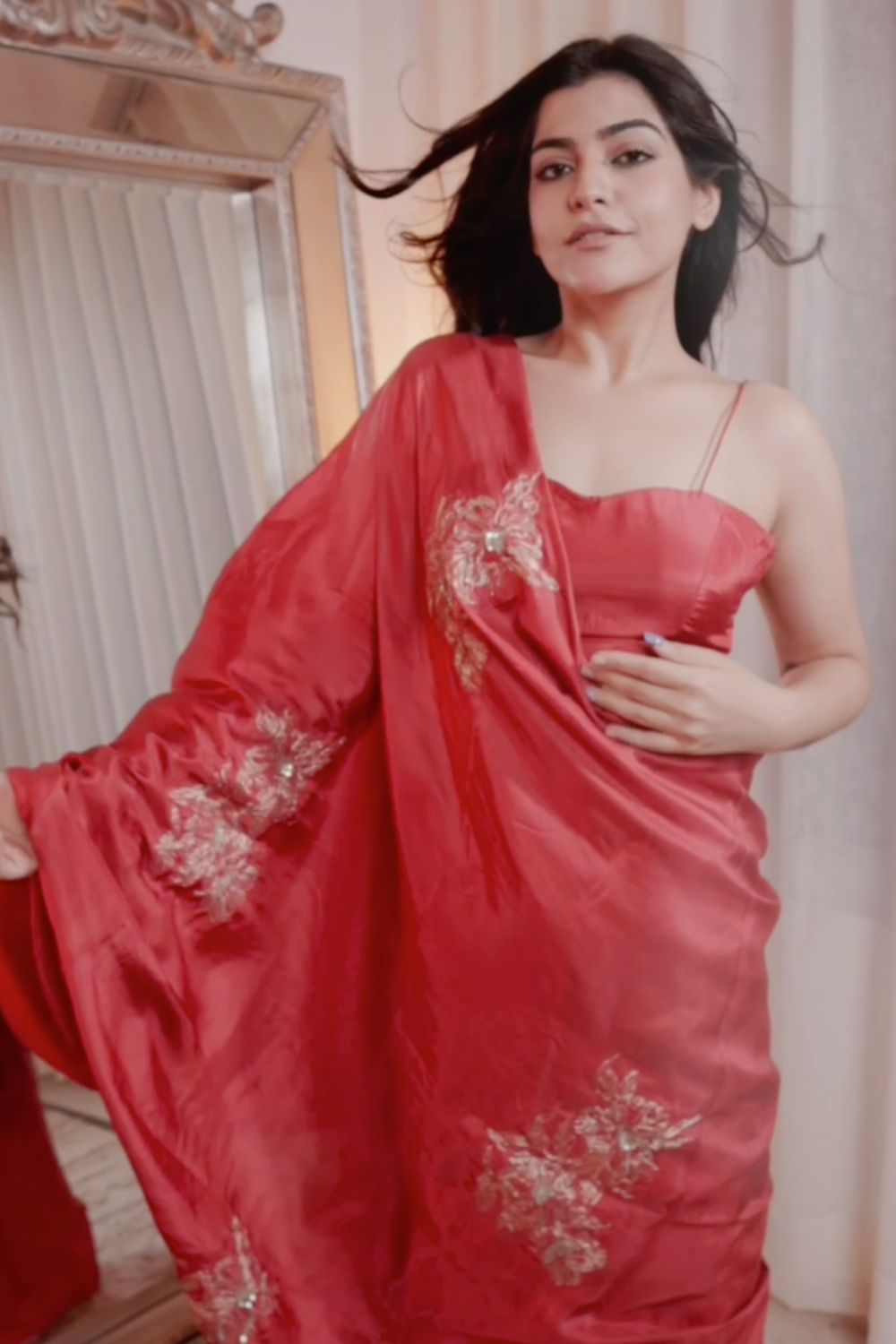 Kritika Khurana In Our Embroidered Burnt Red Silk Saree - Auruhfy India