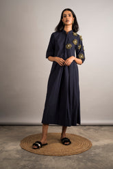 Midnight Blue Half Pleated Embellished Dress - Auruhfy India