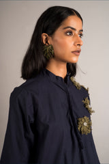 Midnight Blue Half Pleated Embellished Dress - Auruhfy India