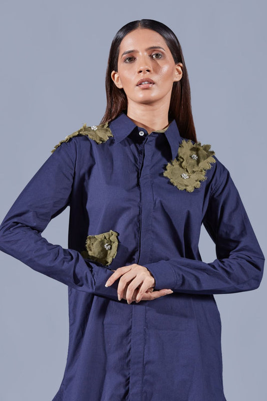 Embellished Midnight Blue Shirt Dress - Auruhfy India