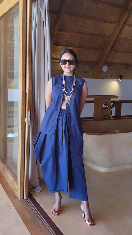 Masoom Asymmetric Draped Co-ord Set (Midnight Blue)