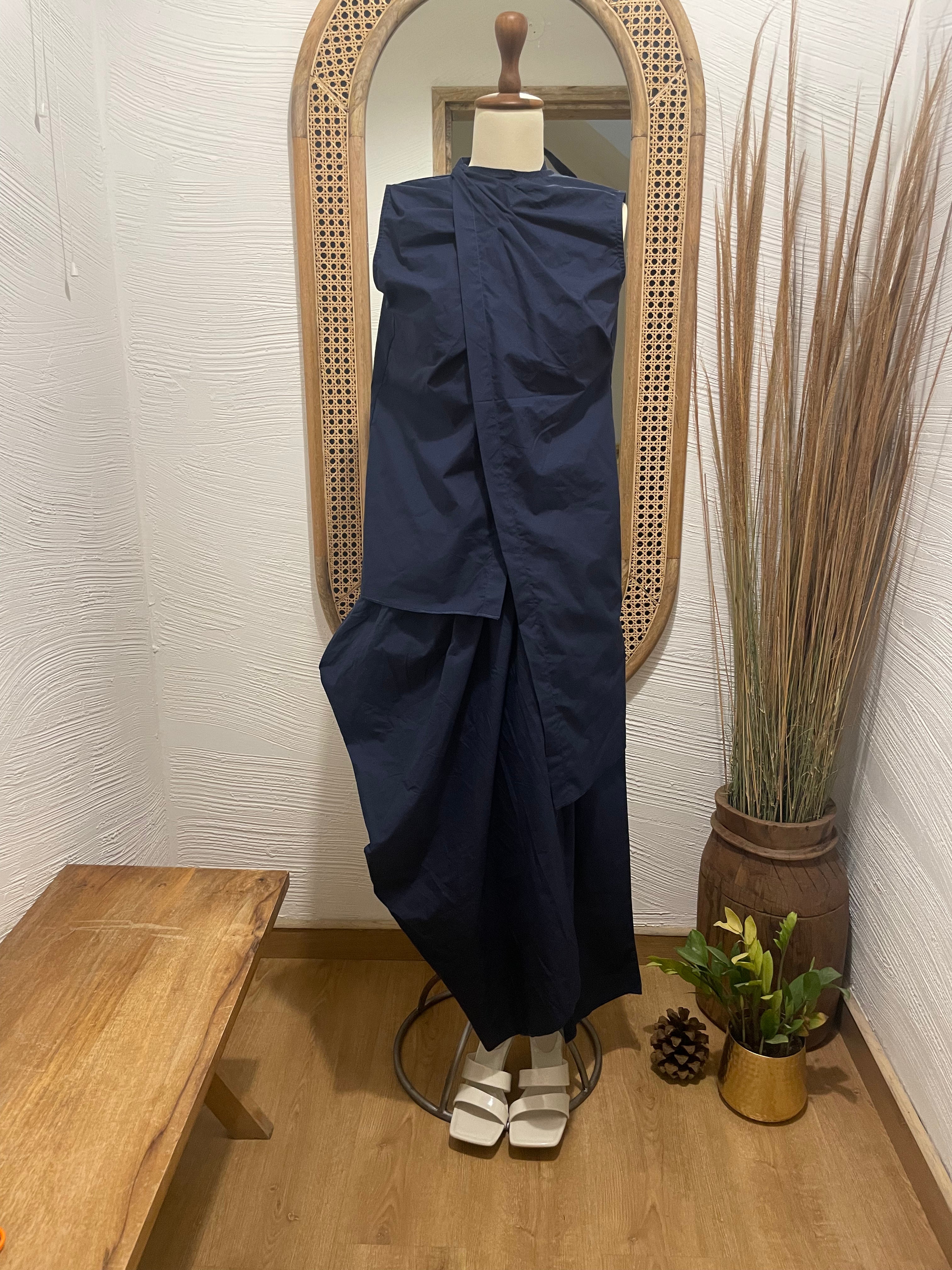 Masoom Asymmetric Draped Co-ord Set (Midnight Blue) - Auruhfy India