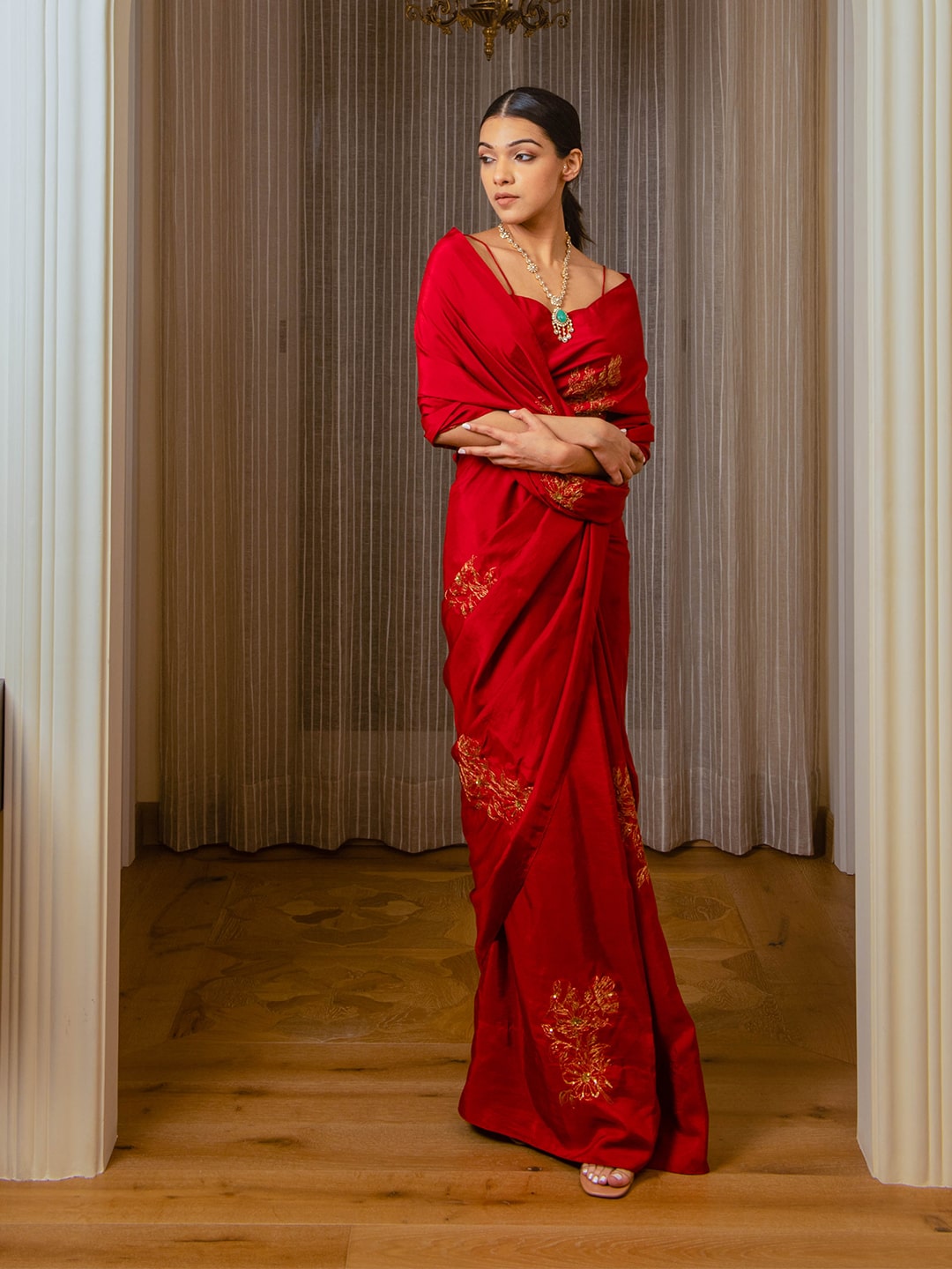 Embroidered Burnt Red Silk Saree - Auruhfy India
