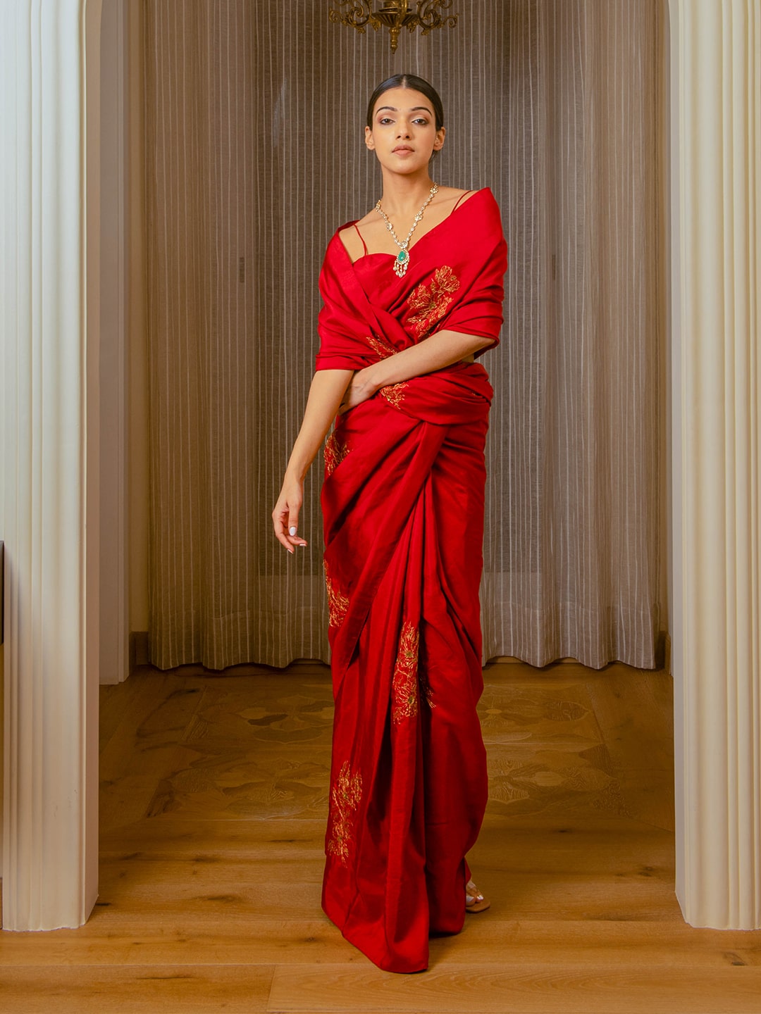 Embroidered Burnt Red Silk Saree - Auruhfy India