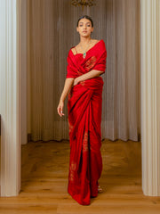 Embroidered Burnt Red Silk Saree