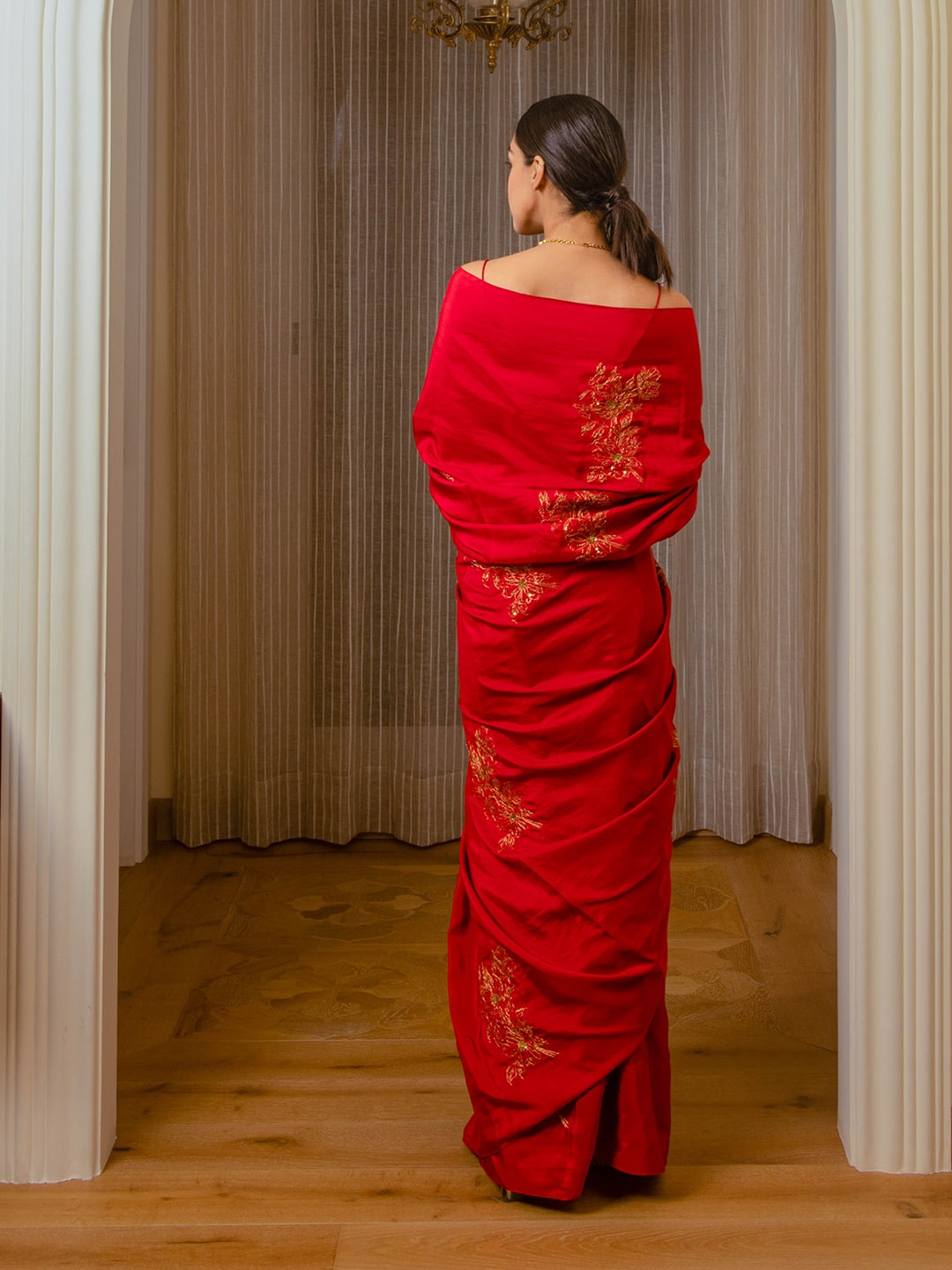 Embroidered Burnt Red Silk Saree - Auruhfy India