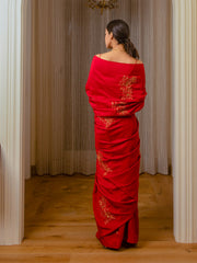 Embroidered Burnt Red Silk Saree - Auruhfy India