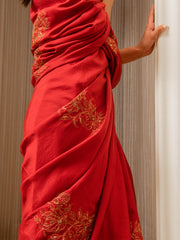Embroidered Burnt Red Silk Saree - Auruhfy India