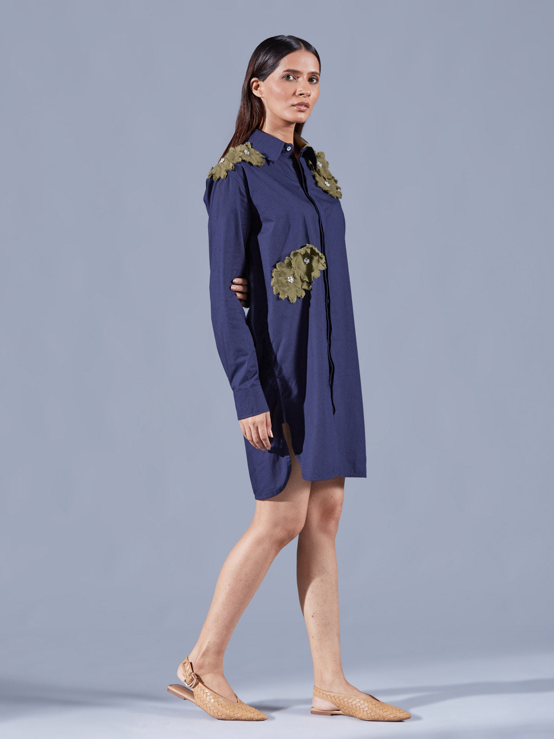 Embellished Midnight Blue Shirt Dress - Auruhfy India