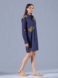 Embellished Midnight Blue Shirt Dress - Auruhfy India