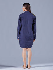 Embellished Midnight Blue Shirt Dress - Auruhfy India