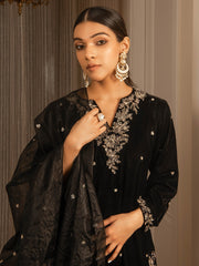 Embroidered Silk Velvet Kurta Set with Dupatta (Black)