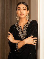 Embroidered Silk Velvet Kurta Set with Dupatta (Black)
