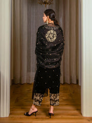 Embroidered Silk Velvet Kurta Set with Dupatta (Black)