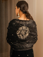 Embroidered Silk Velvet Kurta Set with Dupatta (Black)
