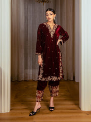 Embroidered Silk Velvet Kurta Set with Dupatta (Wine)
