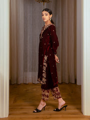 Embroidered Silk Velvet Kurta Set with Dupatta (Wine)