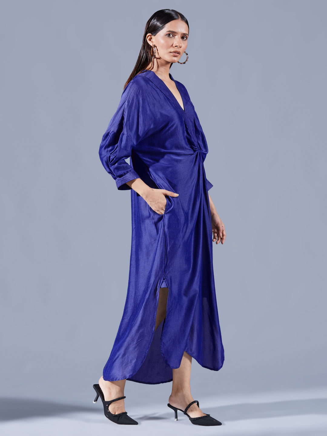 Berry Blue Asymmetric Draped Dress - Auruhfy India