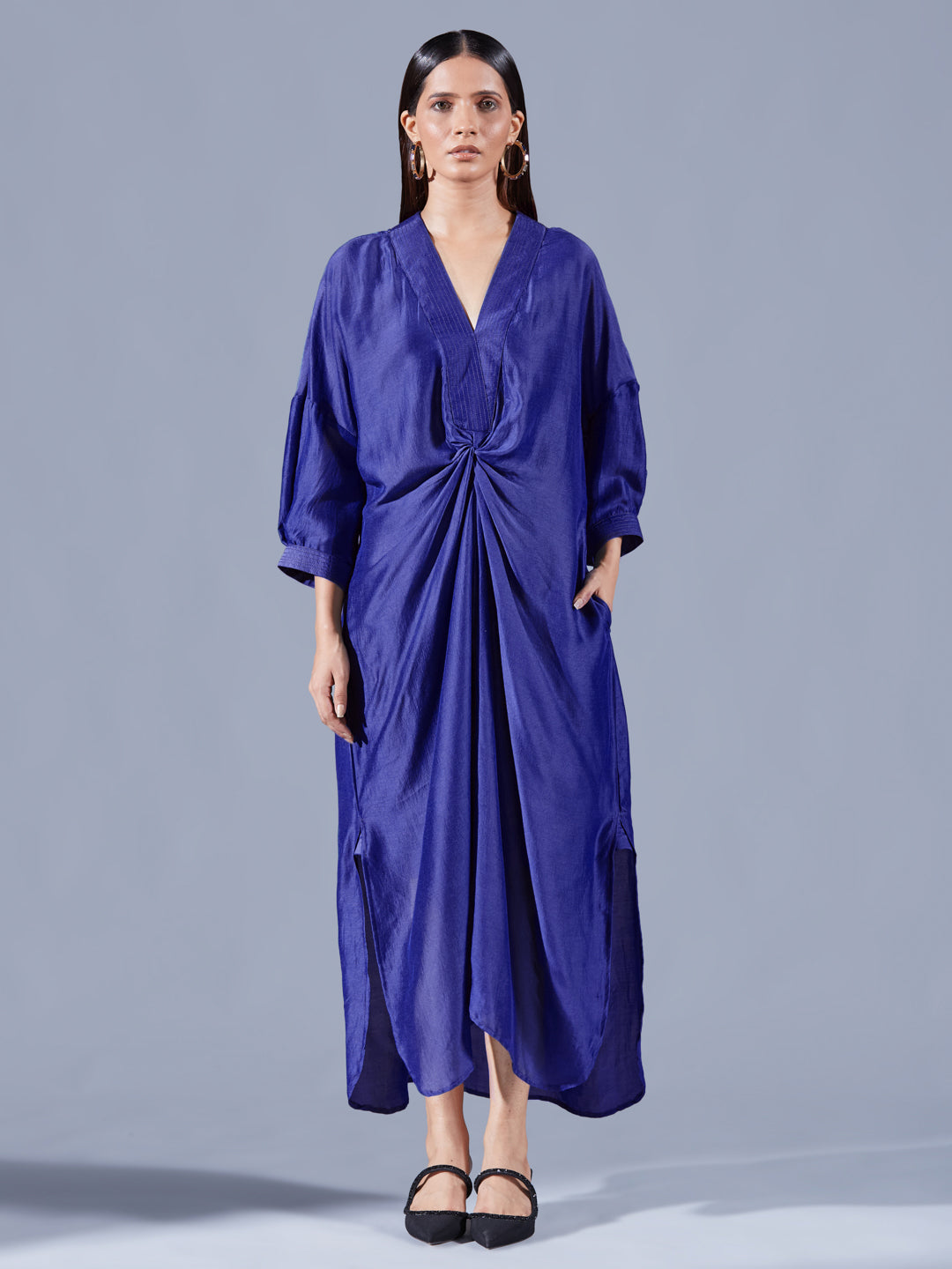 Berry Blue Asymmetric Draped Dress - Auruhfy India