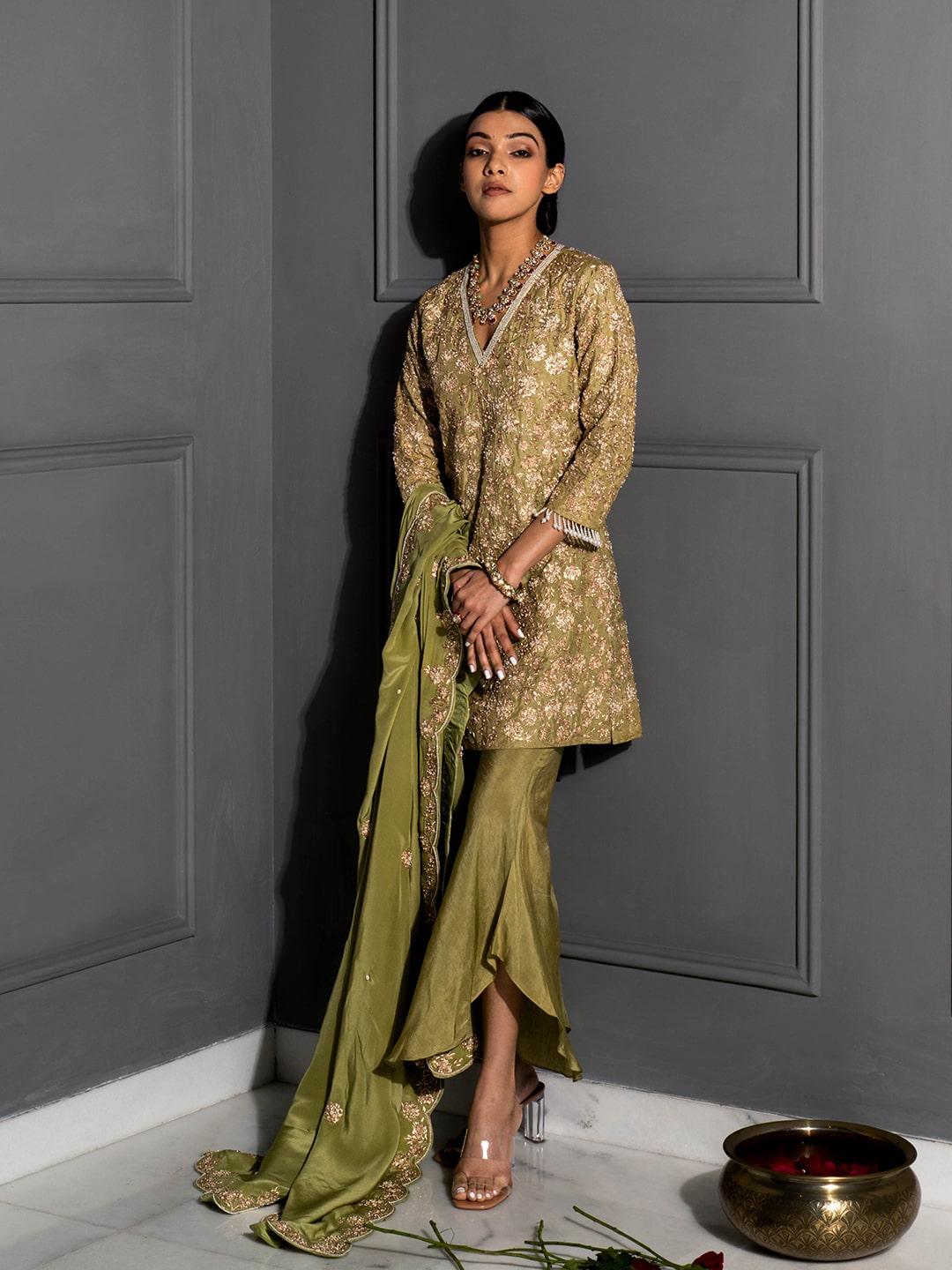 Pear Green Embellished Tunic Set - Auruhfy India