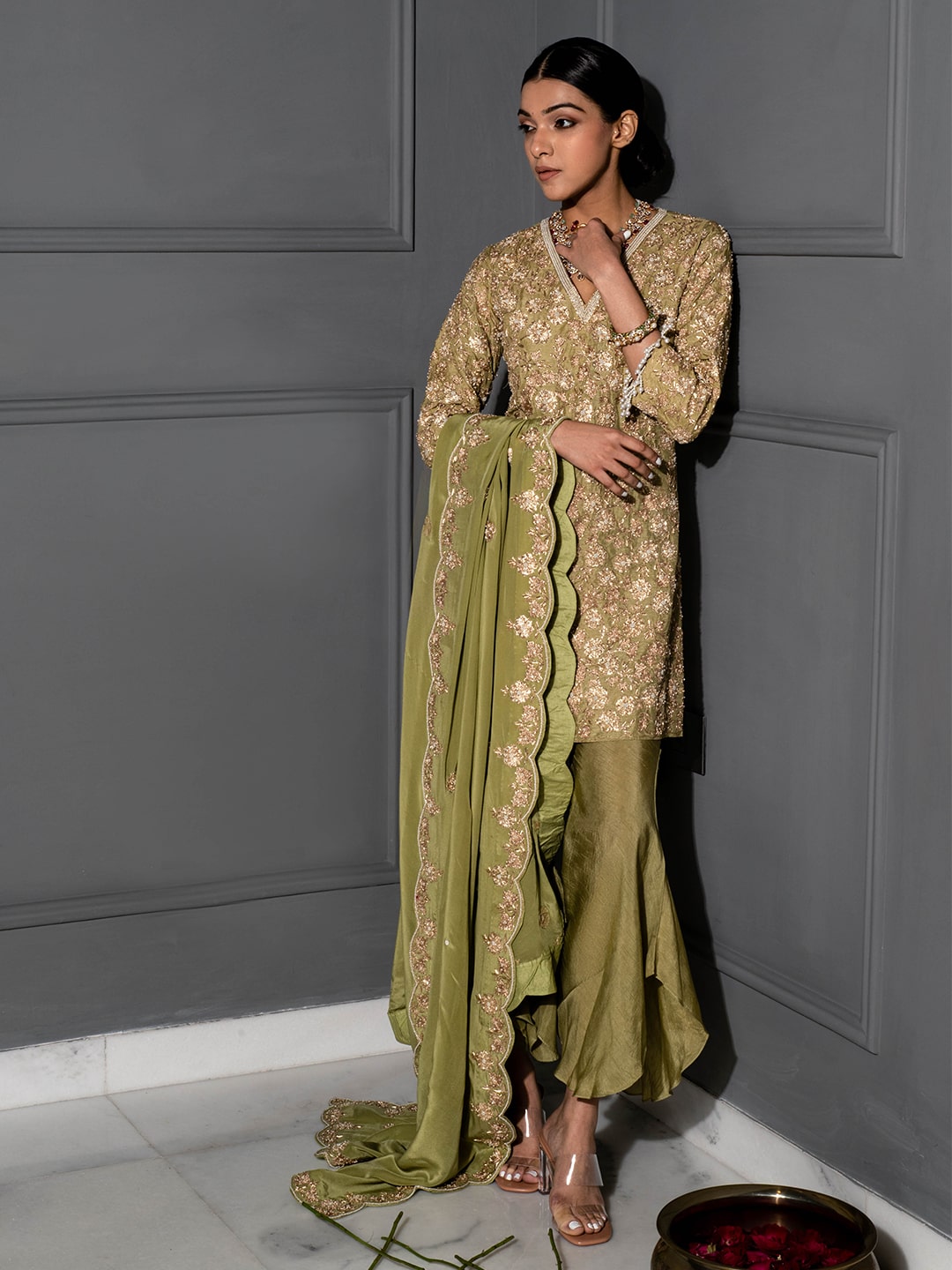 Pear Green Embellished Tunic Set - Auruhfy India