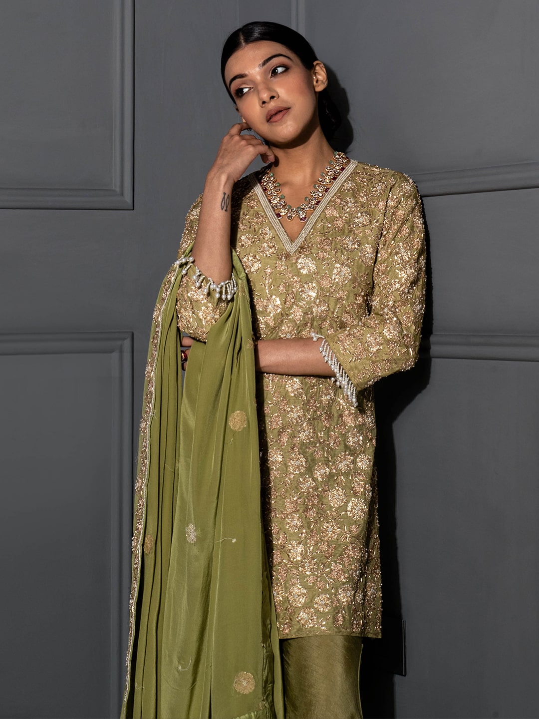 Pear Green Embellished Tunic Set - Auruhfy India