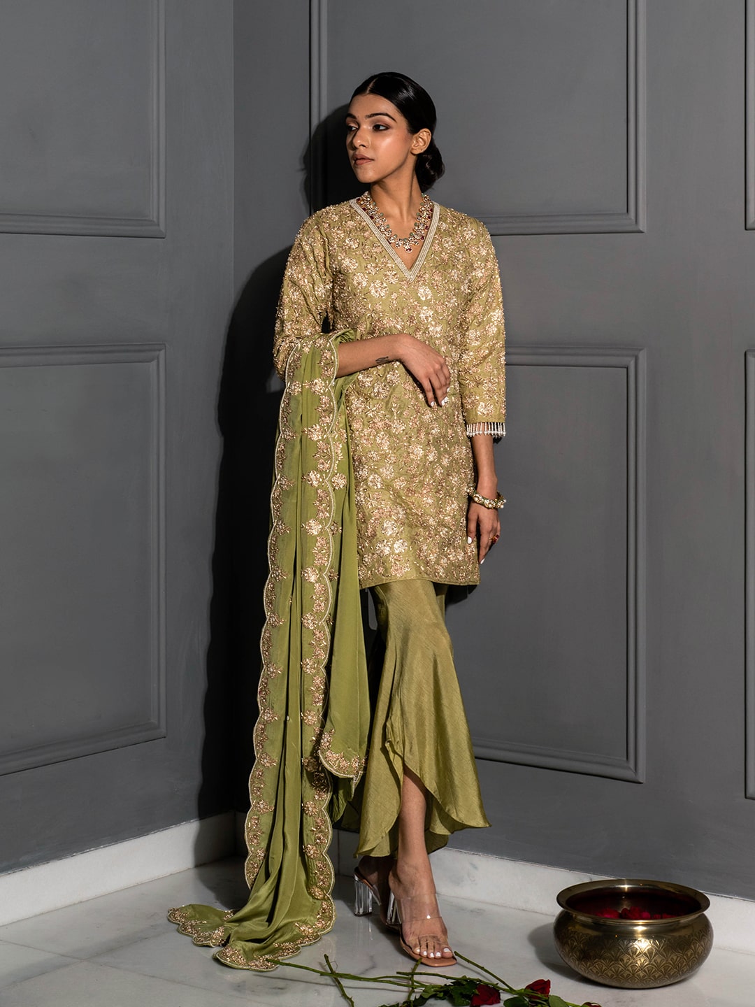 Pear Green Embellished Tunic Set - Auruhfy India