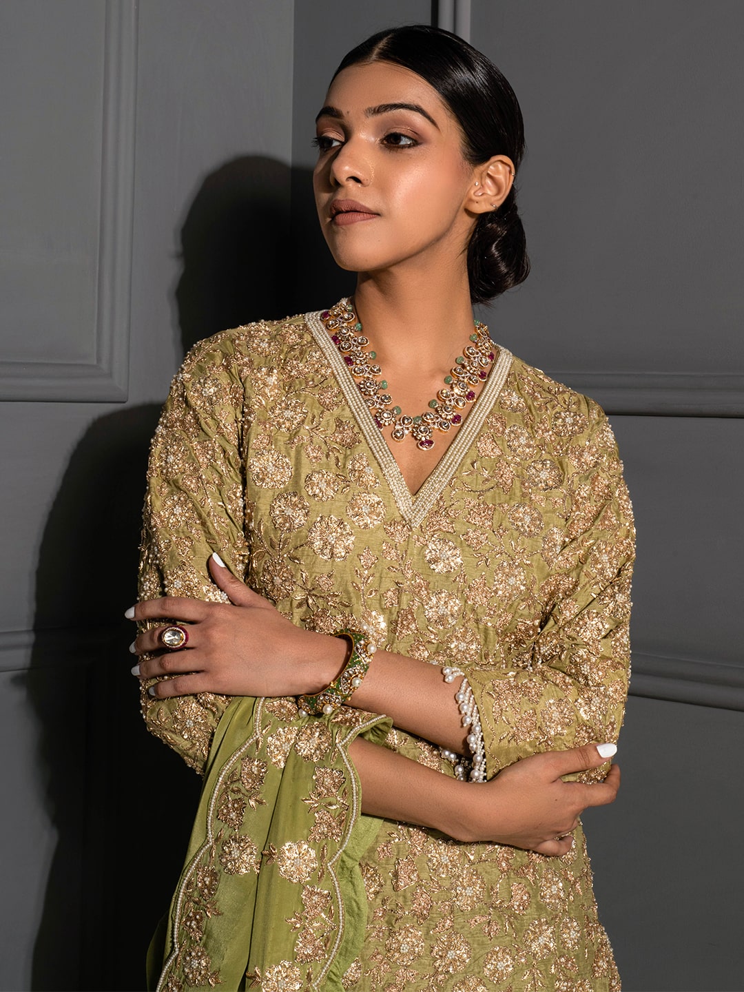 Pear Green Embellished Tunic Set - Auruhfy India