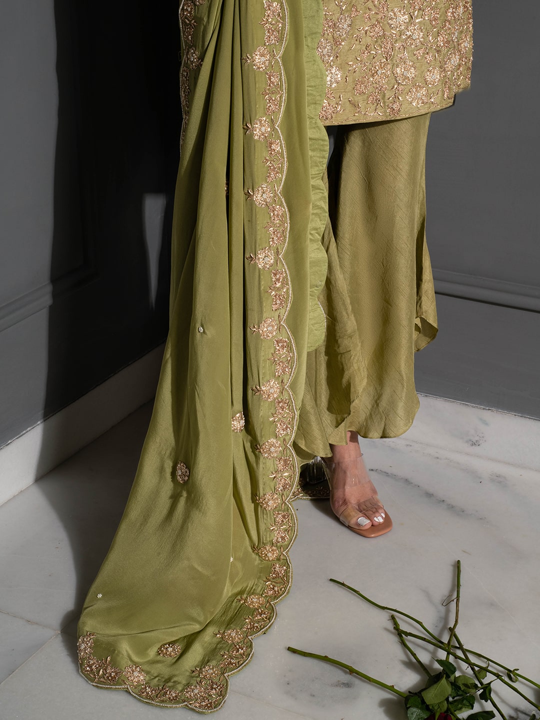 Pear Green Embellished Tunic Set - Auruhfy India