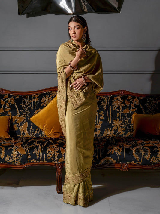 Embroidered Pear Green Silk Saree - Auruhfy India