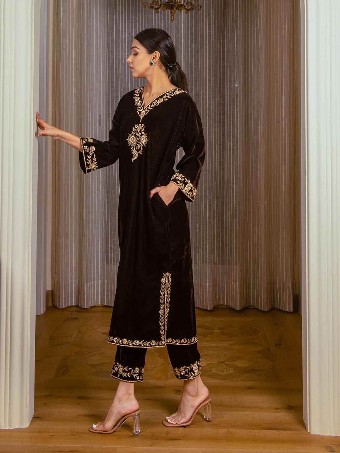 Silk Velvet Embroidered Kurta Set (Coffee Brown) - Auruhfy India