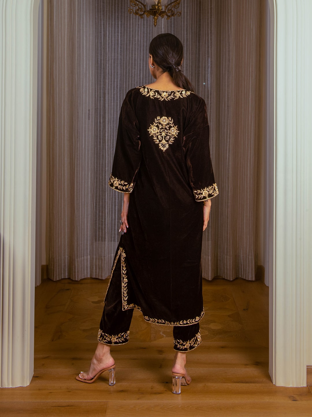 Silk Velvet Embroidered Kurta Set (Coffee Brown) - Auruhfy India