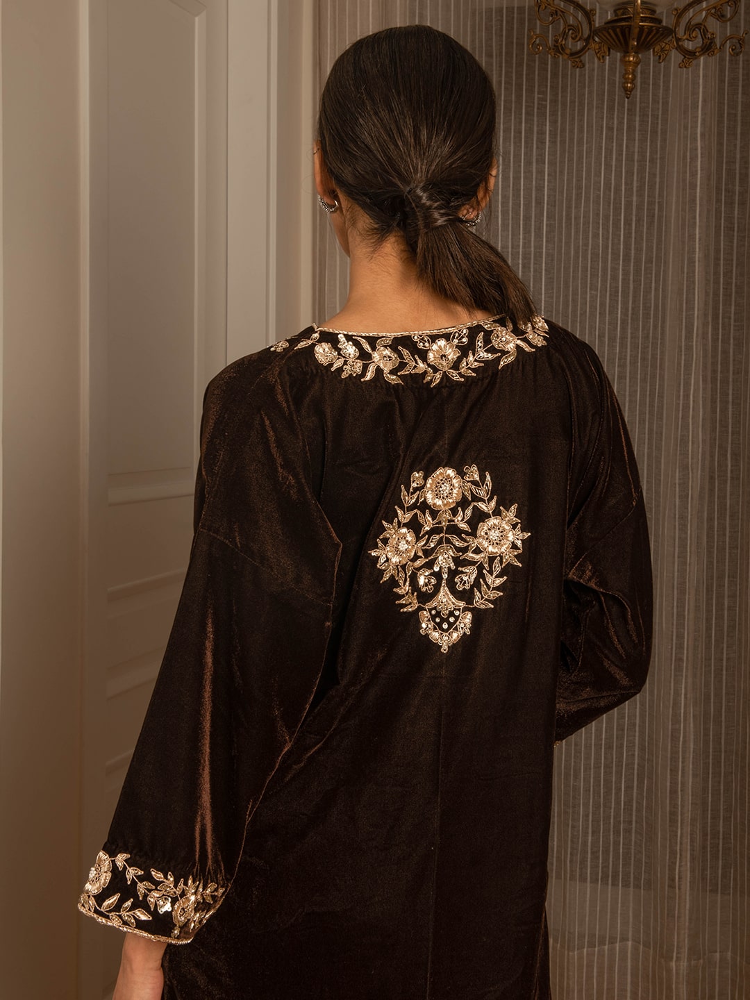 Silk Velvet Embroidered Kurta Set (Coffee Brown) - Auruhfy India