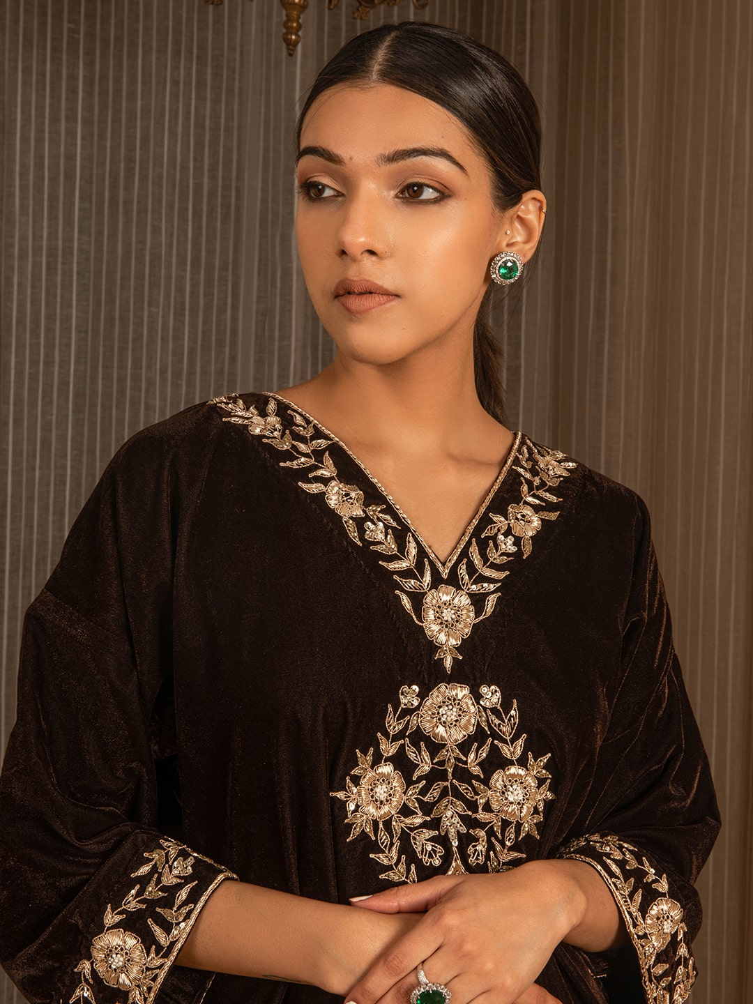 Silk Velvet Embroidered Kurta Set (Coffee Brown) - Auruhfy India