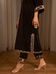 Silk Velvet Embroidered Kurta Set (Coffee Brown) - Auruhfy India