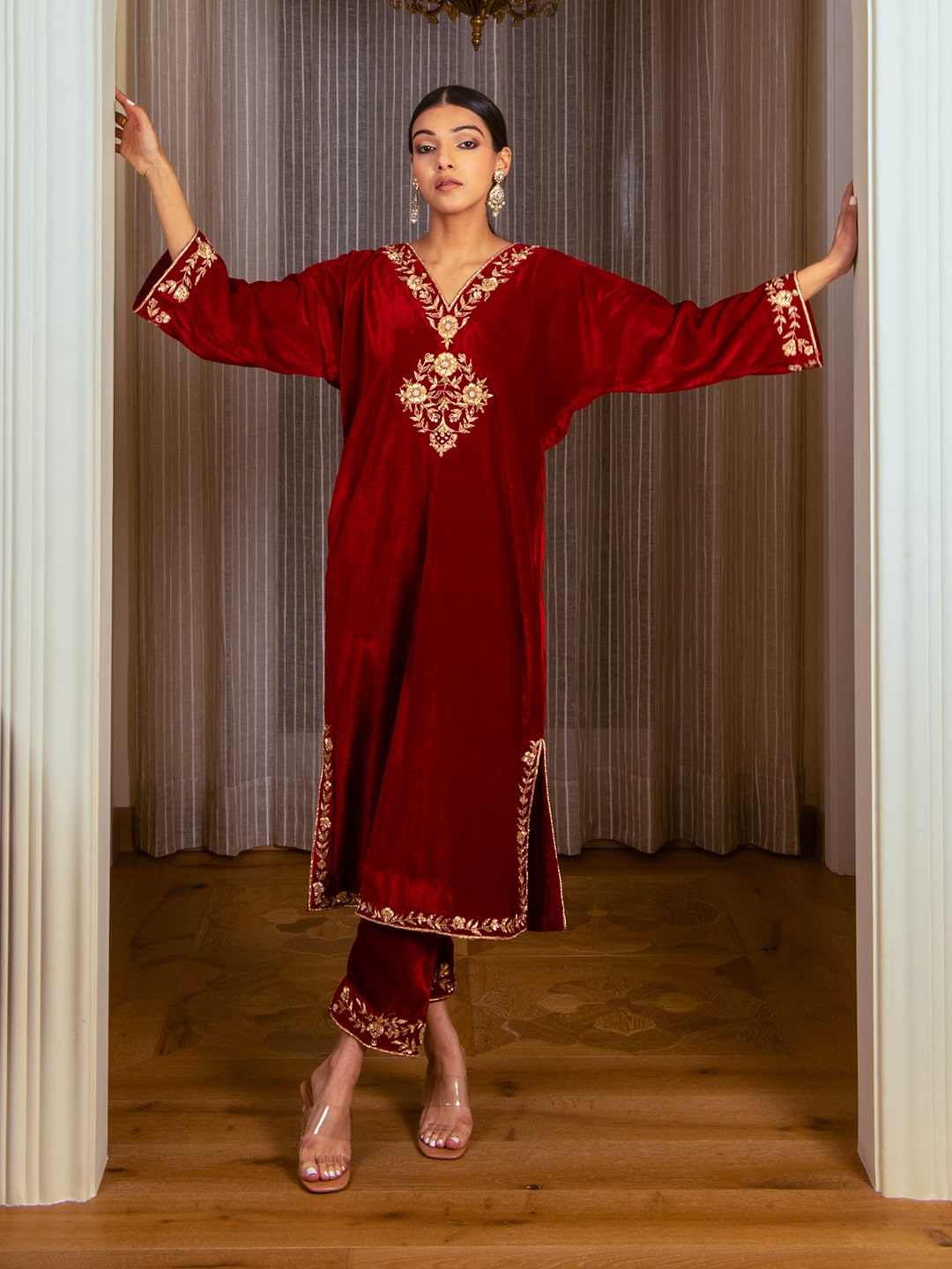 Silk Velvet Embroidered Kurta Set (Deep Red) - Auruhfy India