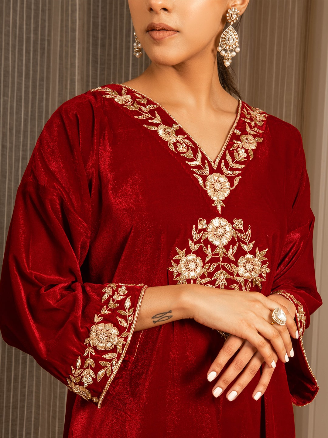 Silk Velvet Embroidered Kurta Set (Deep Red) - Auruhfy India