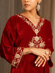 Silk Velvet Embroidered Kurta Set (Deep Red) - Auruhfy India