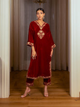 Silk Velvet Embroidered Kurta Set (Deep Red)