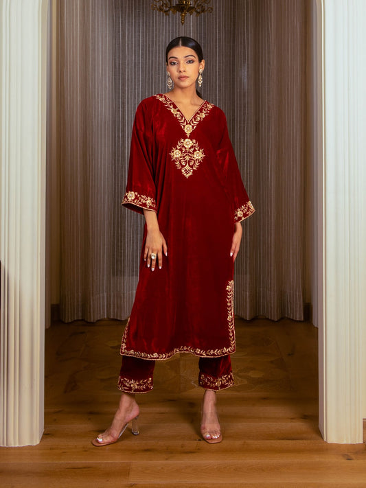 Silk Velvet Embroidered Kurta Set (Deep Red) - Auruhfy India