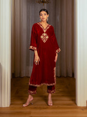 Silk Velvet Embroidered Kurta Set (Deep Red)