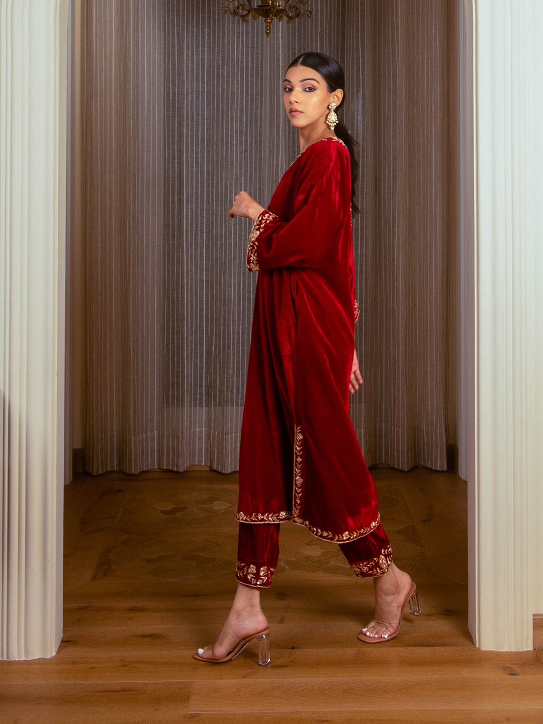 Silk Velvet Embroidered Kurta Set (Deep Red) - Auruhfy India