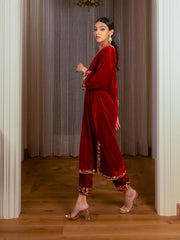 Silk Velvet Embroidered Kurta Set (Deep Red)