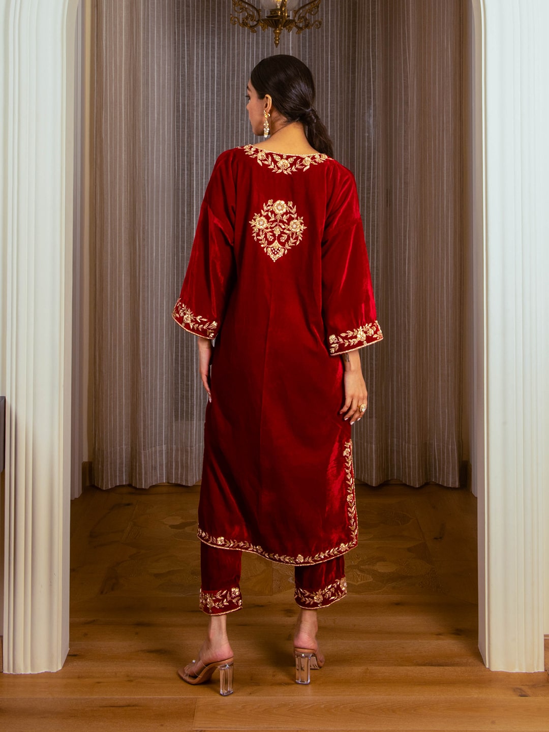 Silk Velvet Embroidered Kurta Set (Deep Red) - Auruhfy India