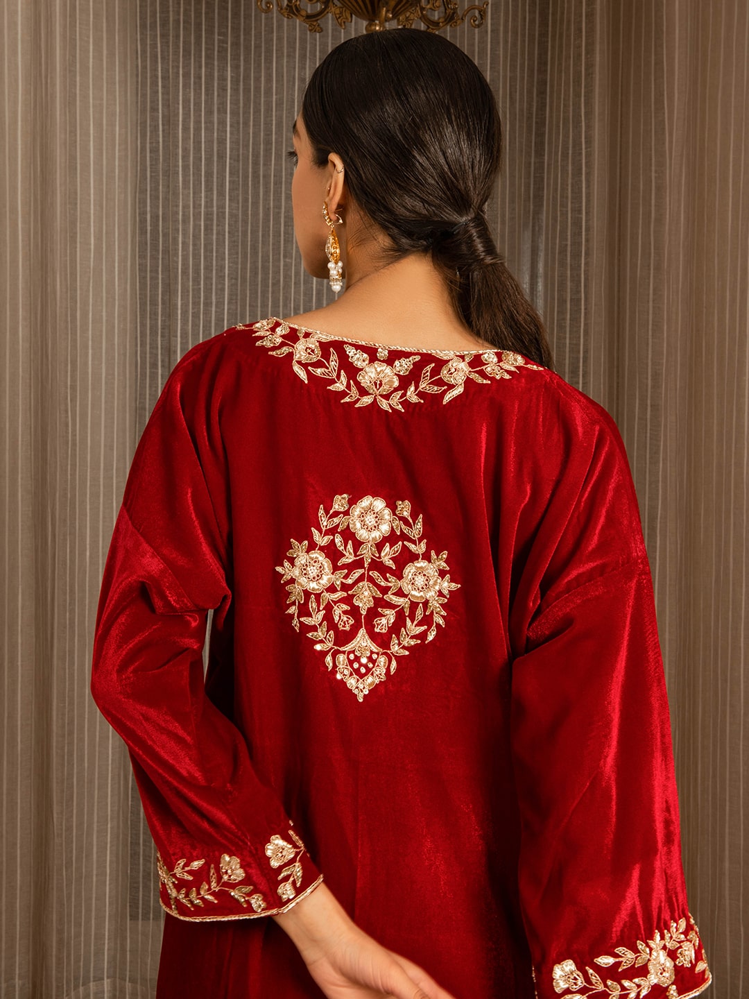 Silk Velvet Embroidered Kurta Set (Deep Red) - Auruhfy India