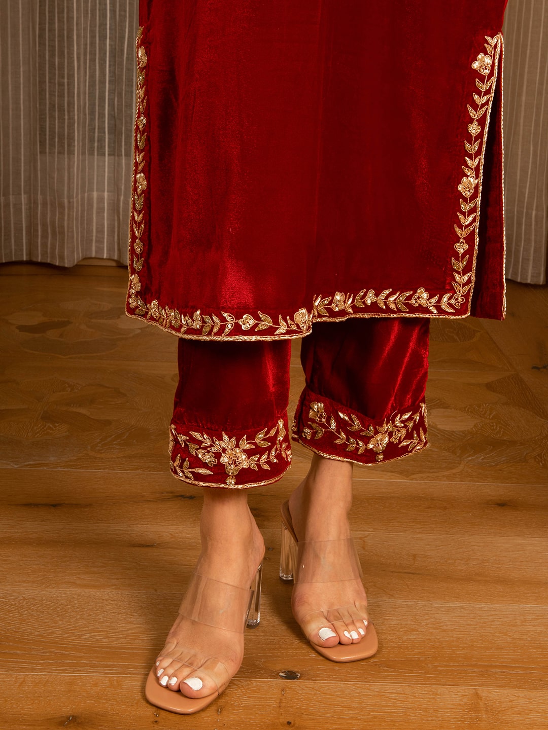 Silk Velvet Embroidered Kurta Set (Deep Red) - Auruhfy India