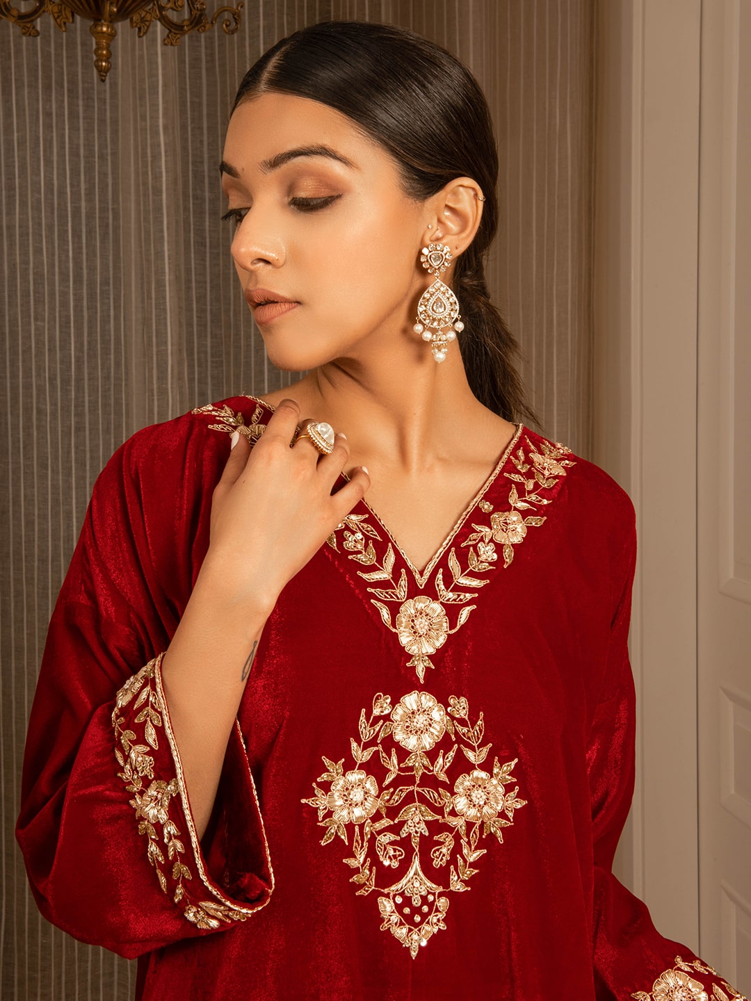 Silk Velvet Embroidered Kurta Set (Deep Red) - Auruhfy India