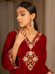 Silk Velvet Embroidered Kurta Set (Deep Red) - Auruhfy India
