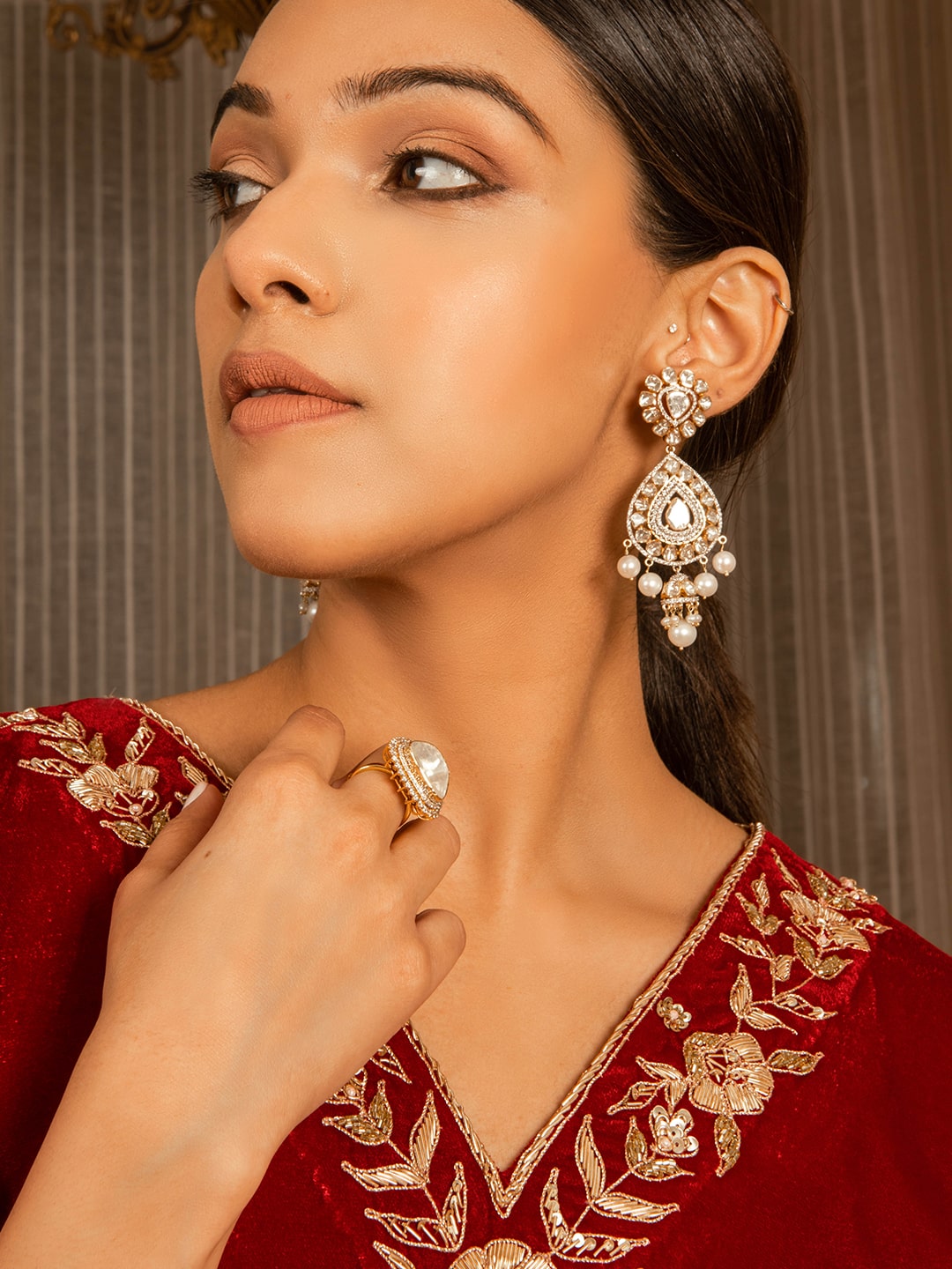 Silk Velvet Embroidered Kurta Set (Deep Red) - Auruhfy India